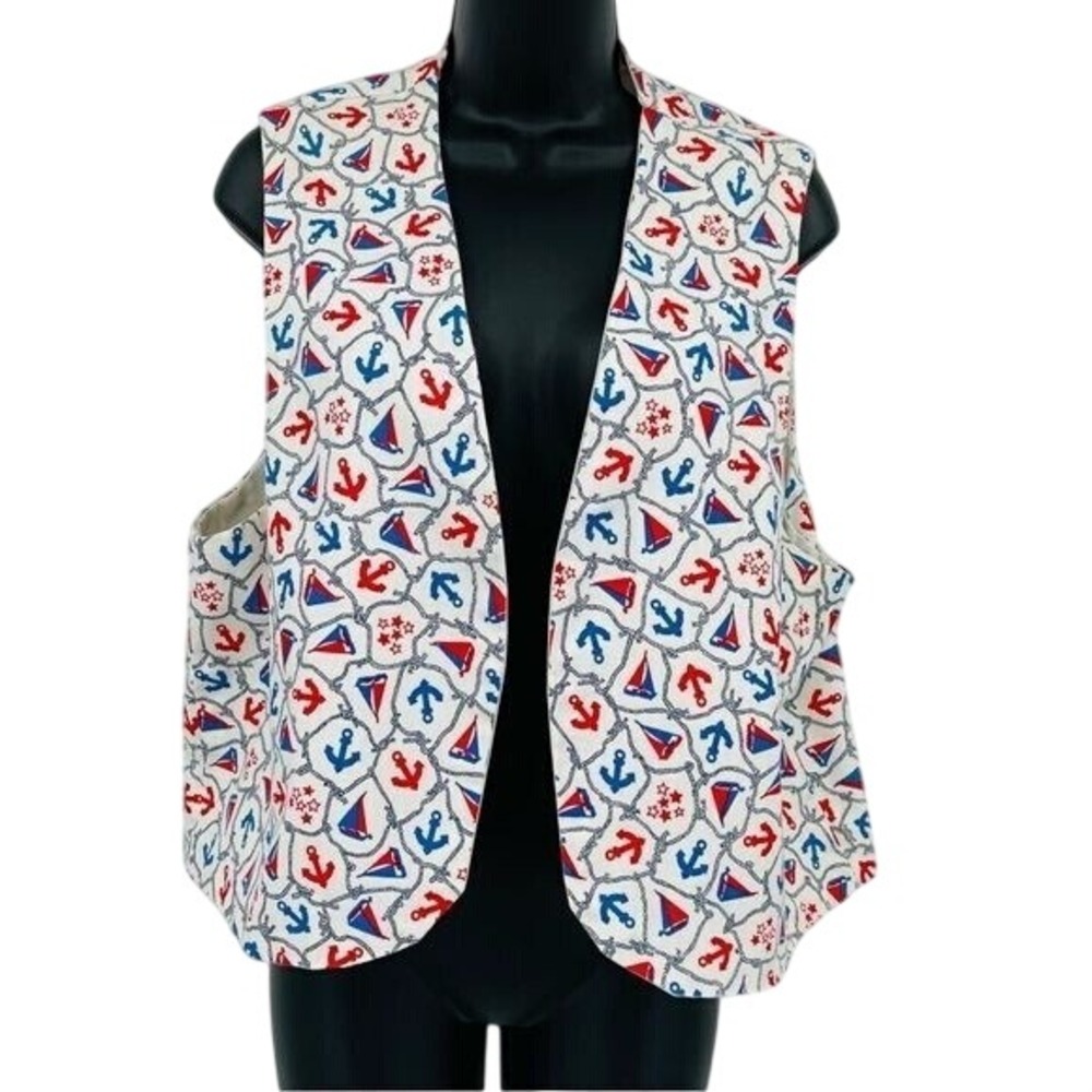 Unbranded Nautical Vest Womens‎ XL White Red Blue Anchor Sailboat Print Handmade